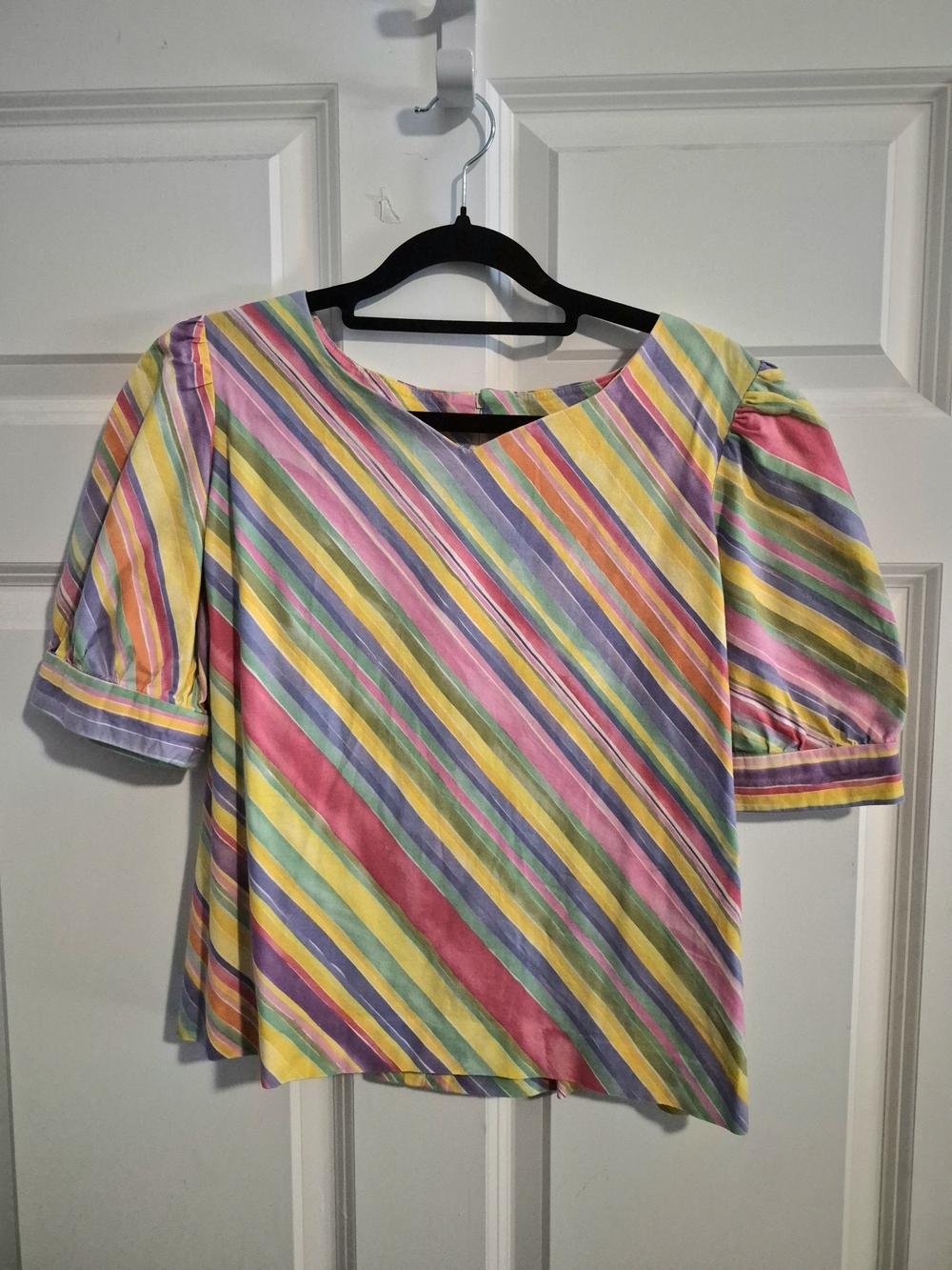 Women's Pastel Striped Rainbow Puff Sleeve Top Barbiecore Girlhoodcore